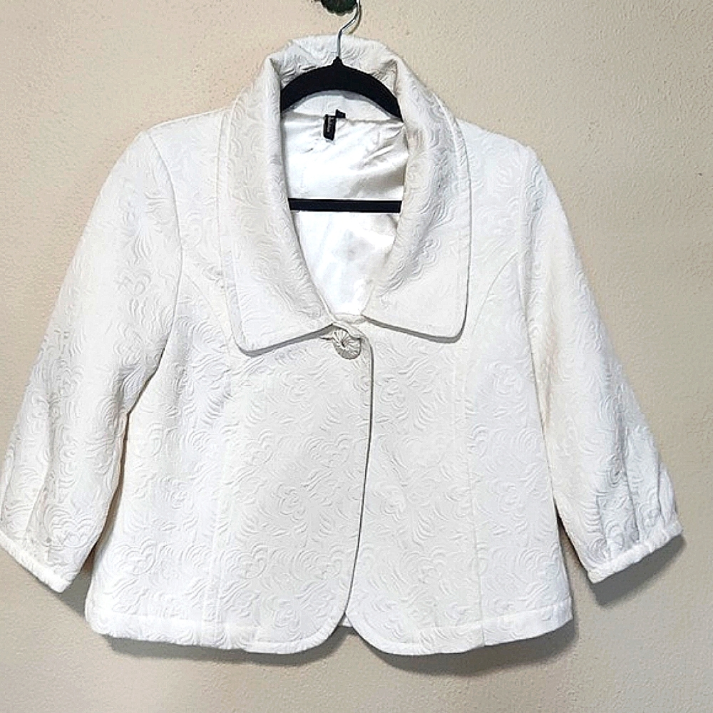 Ambition Vintage Chic Jacquard Ivory Cropped 3/4 Sleeve Blazer Jacket Size M - Picture 8 of 14